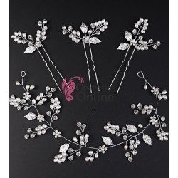 Accesoriu elegant pentru decor par AP011KK Argintiu cu cristale si perle - 3 piese